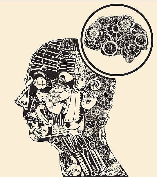 ilustrações, clipart, desenhos animados e ícones de pensando na falta parte. gears mente. - art brain contemplation cyborg