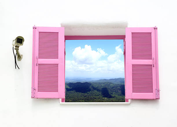 istock Greek style window and cctv with mountain view 477996425