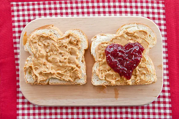 Slices of brioche with peanutbutter and jelly