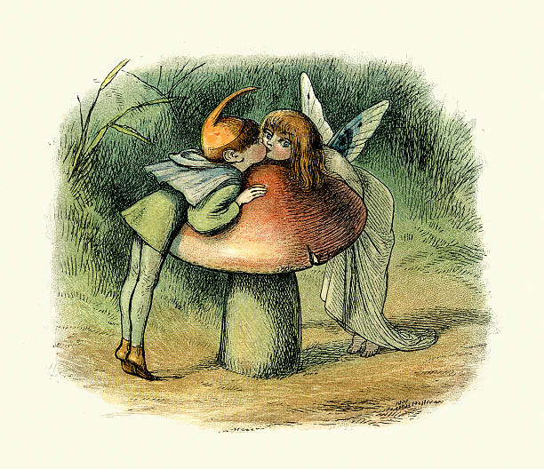Princess Nobody and the Fairy Prince Vintage engraving from the story Princess Nobody A Tale of Fairyland, by Richard Doyle. Princess Nobody kissing the Fairy Prince fairy illustrations stock illustrations