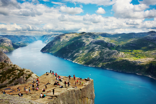 Pulpit Rock at Lysefjorden in Norway. A well known tourist attraction towering 600 meters over sea level.