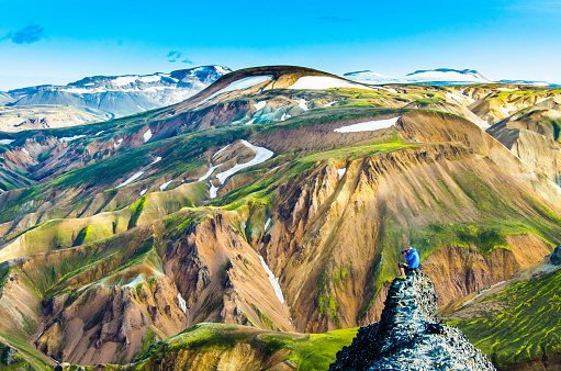 Landmannalaugar Nationalpark - Amazing Landscape in Iceland -  trekking in colorful mountains in summer time