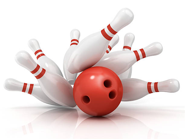 istock Red bowling ball and scattered pin, isolated on white background 478006762