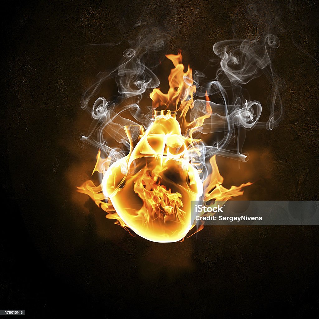 Human heart in fire flames Illustration of human heart in fire flames against black background Flame Stock Photo