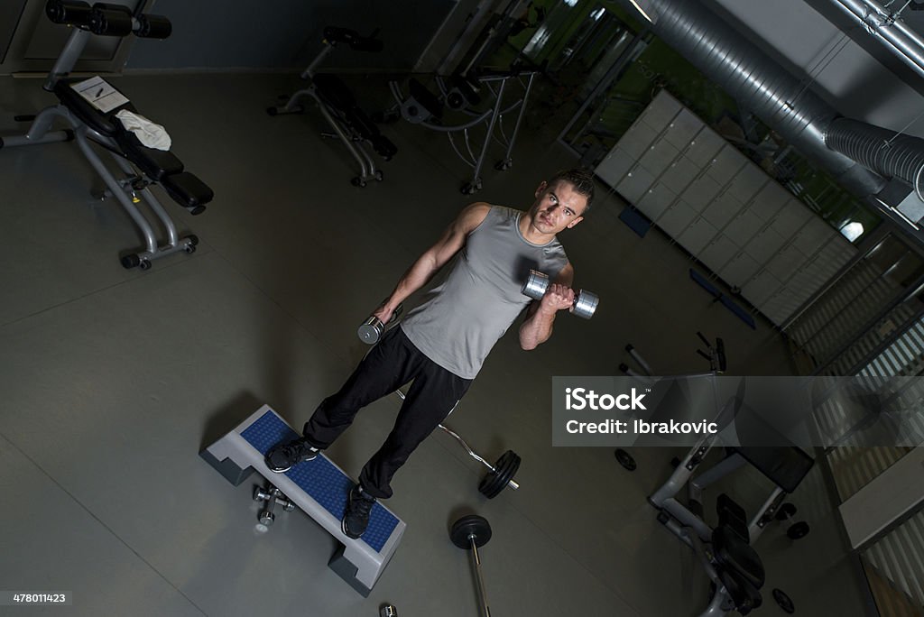 Male bodybuilder Young man having a training session in the gym using dumbbells Active Lifestyle Stock Photo