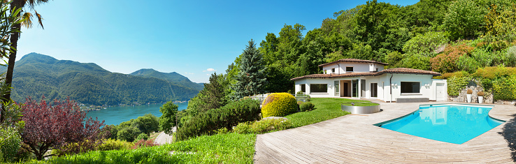 Architecture, beautiful villa with swimming pool, panorama