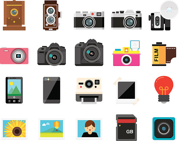 ilustraciones, imágenes clip art, dibujos animados e iconos de stock de set de 20 iconos planos cámara y fotografía (kalaful serie - cámara ilustraciones