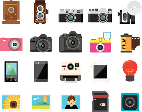 20 flat camera & photography icons. Each icon is carefully constructed according to 128x128 grids.
