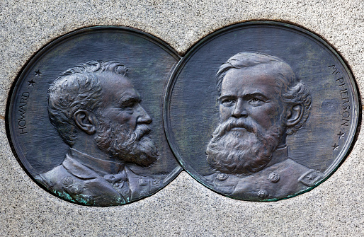 Generals Howard McPherson General William Tecumseh Sherman Civil War Memorial Pennsylvania Avenue Washington DC.  Statue dedicated 1903, artist Carl Rohl-Smith. Located in back of Treasury where President Andrew Johnson and Ulysses Grant reviewed the Army at the end of the Civil War.  General Sherman led the review at the head of the Army of Tennessee.  Generals Howard and McPherson were Corps commanders under Sherman.