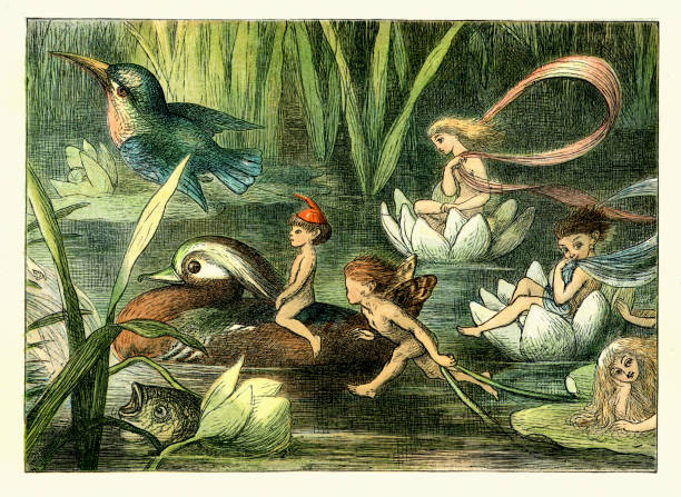 Princess Nobody - Fairy and Nymphs Vintage engraving from the story Princess Nobody A Tale of Fairyland, by Richard Doyle. Fairy and Nymphs fairy illustrations stock illustrations