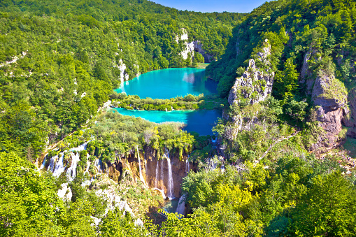Paradise waterfalls of Plitvice lakes national park, panoramic view, Croatia