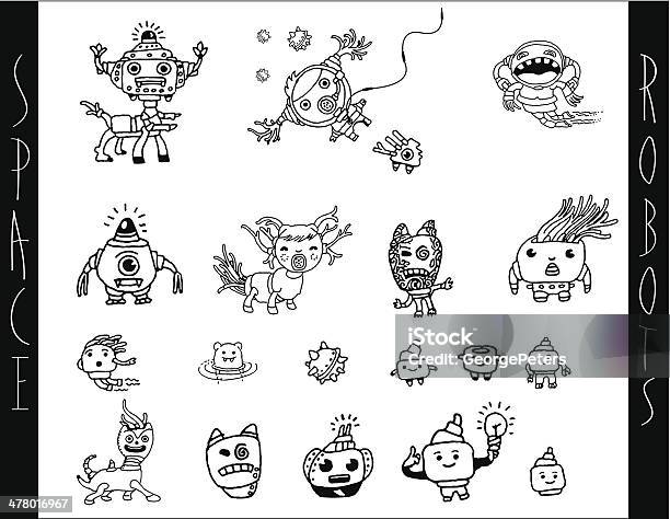 낙서 로봇 피조물의 기계류에 대한 스톡 벡터 아트 및 기타 이미지 - 기계류, 동물, 개체 그룹