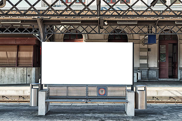 outdoor em branco na estação de trem da suíça - bench advertisement commercial sign outdoors - fotografias e filmes do acervo