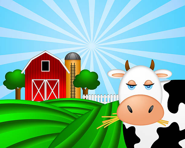 istock Cow on Green Pasture with Red Barn and Grain Silo 478018189