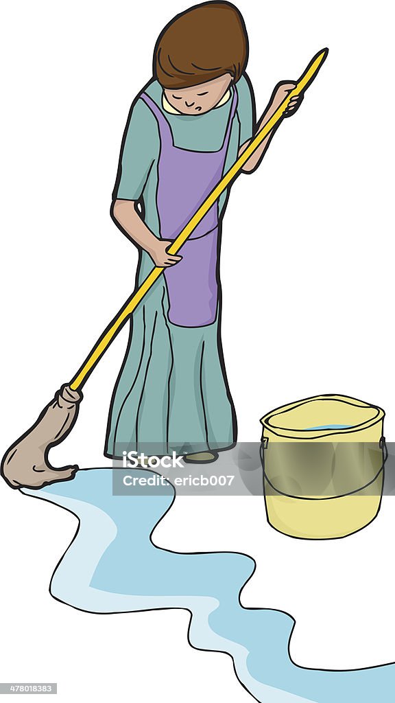Woman Mopping Lady in apron mopping floor over white background. Download includes high resolution JPG with layered EPS. Adult stock vector
