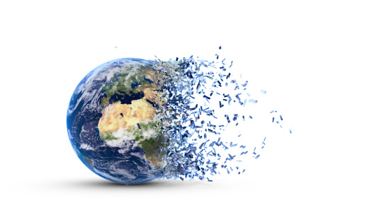 Disintegration of the world globe isolated on white background