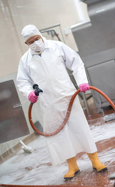 man cleaning at a factory - food hygiene imagens e fotografias de stock