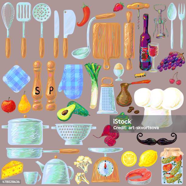 Kitchen Cooking Utensils And Food Set Stock Illustration