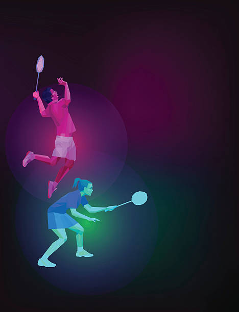Badminton players mixed doubles team, man and woman, vector Badminton mixed doubles team, man and woman start badminton game, vector sports illustration badminton stock illustrations