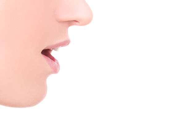 close up of female mouth isolated on white stock photo