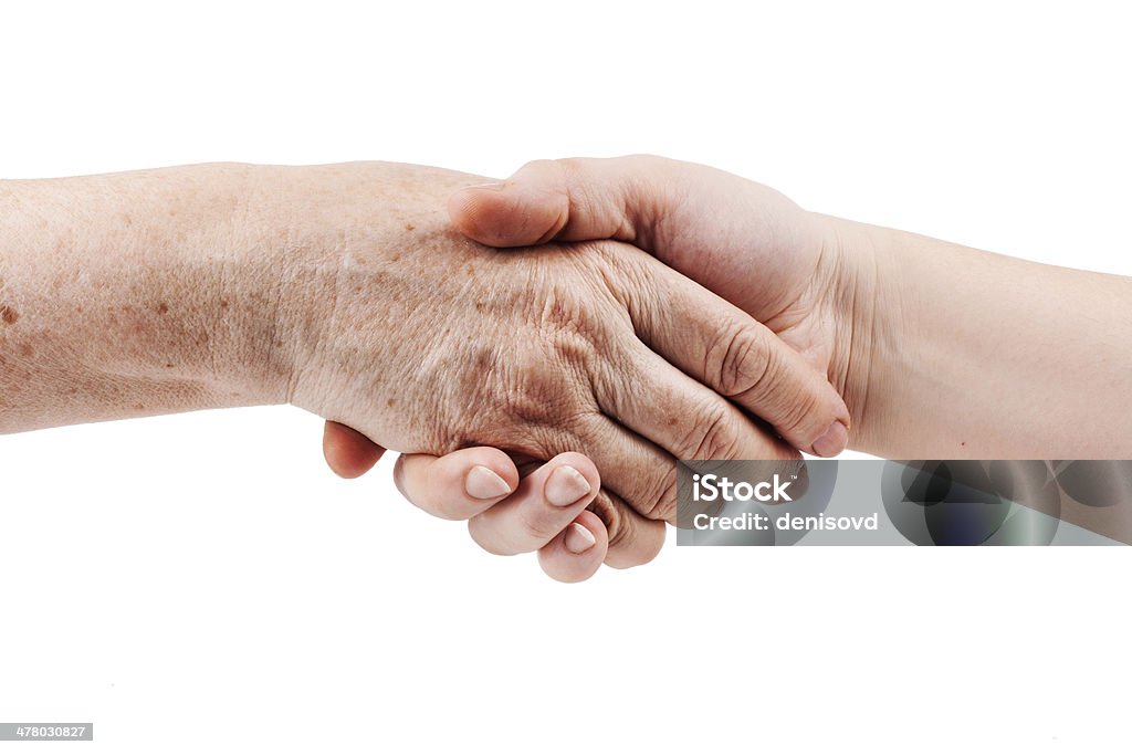 Velha e jovens mão isolada no branco " - Foto de stock de Terceira idade royalty-free