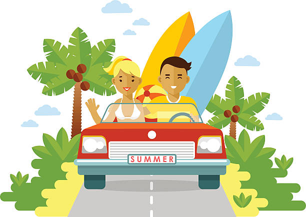 ilustrações de stock, clip art, desenhos animados e ícones de jovem homem e mulher com pranchas de surf viagens de automóvel - drive