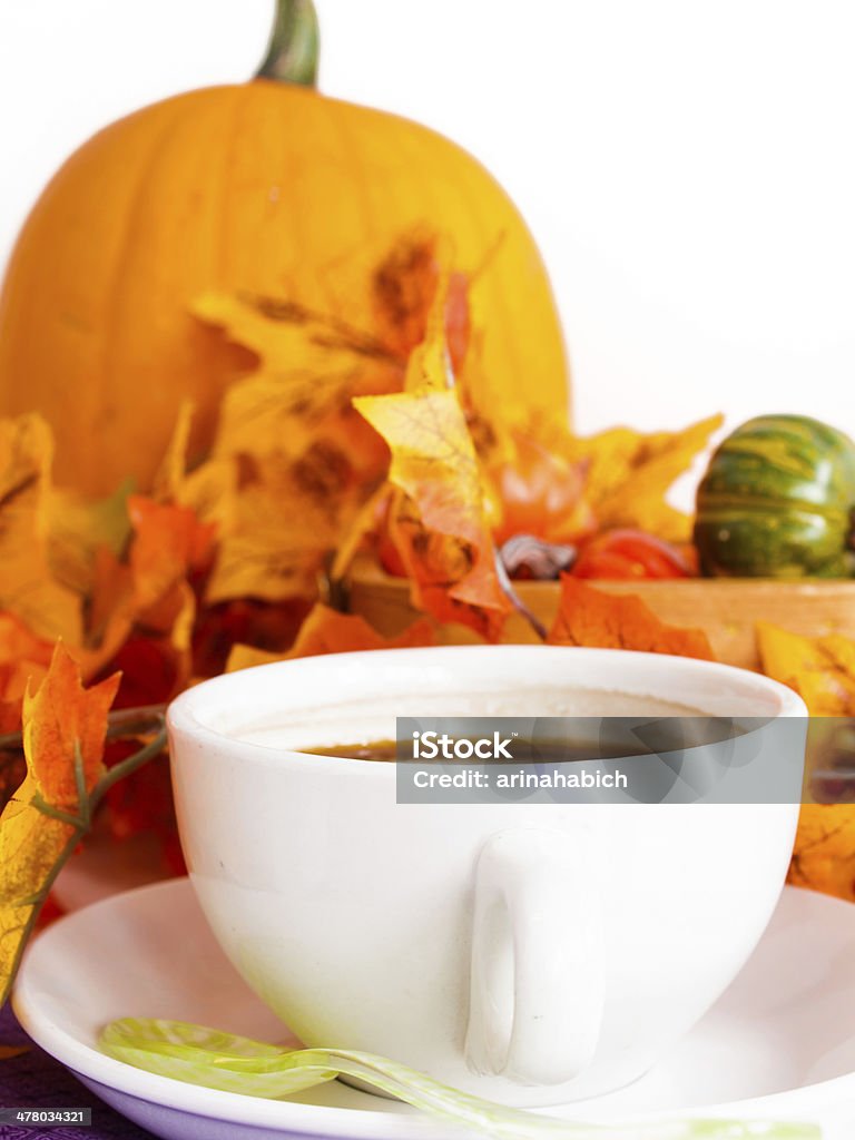 Coffee Morning coffee in white cup on Autumn morning. Autumn Stock Photo