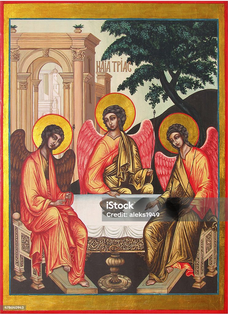 Trinity Author's (my) a copy of the icon Simon Ushakov "Old Testament Trinity" in 1671 with the changes: on the table leaving only a bowl. Angel Stock Photo