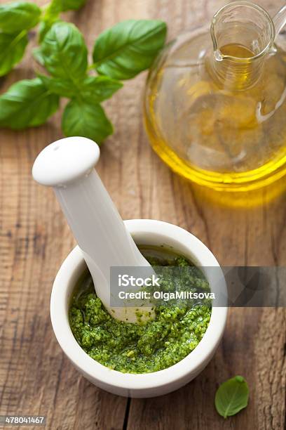 Pesto Sauce In Mortar Stock Photo - Download Image Now - Basil, Bottle, Bowl