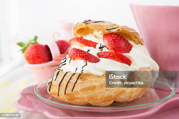 Cream Puffs With Strawberries Pink Service Stock Photo - Download Image Now - Baked, Baked Pastry Item, Bakery