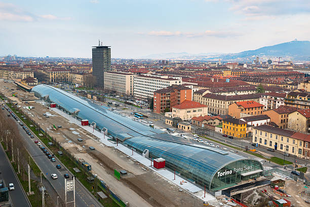 New railway of Porta Susa in Turin, aerial view stock photo