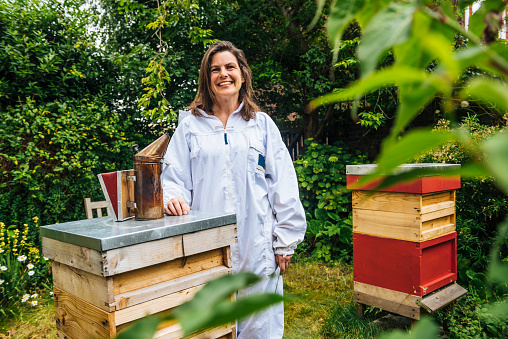 Urban beekeeper smiling with her beehives in her London back garden. Proud, smiling female apiarist.