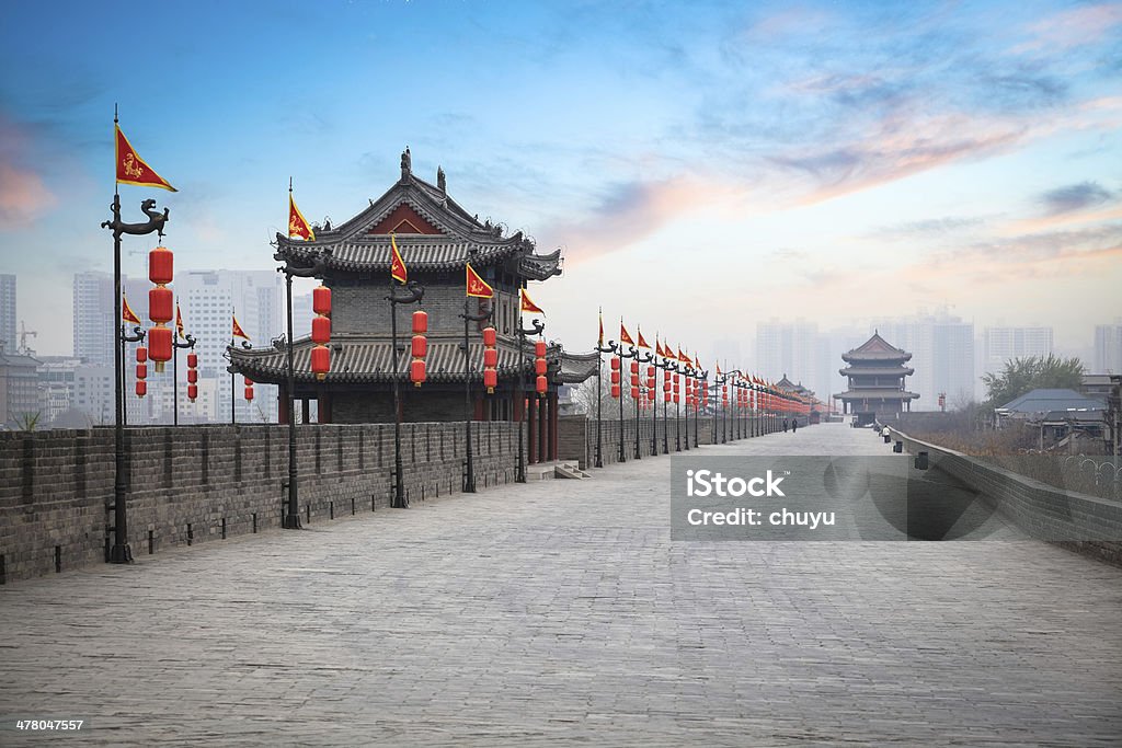 xian ancient city wall at dusk ancient tower at dusk in xian city wall ,China Xi'an Stock Photo
