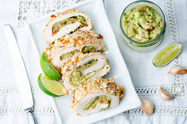 guacamole stuffed crumbs lime chicken guacamole stuffed crumbs lime chicken. the toning. selective focus.crumbs scaloppini stock pictures, royalty-free photos & images