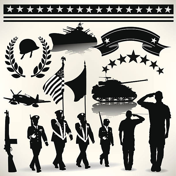 US Armed Forces, Military Parade, Salute, Army, Navy, Air Force Armed Forces - Military Parade, Salute, Army, Navy, Air force illustration. Check out my "World War Two" light box for more. us military silhouette stock illustrations