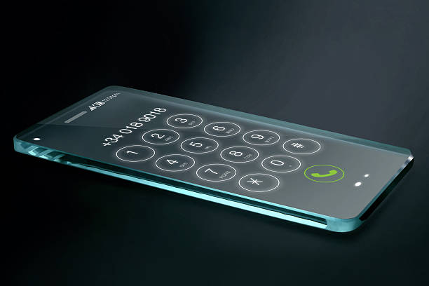Transparent smartphone with dial number on dark background. The most promising technologies in the mobile market is flexible and transparent displays.
