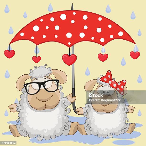 Two Sheep With Umbrella Stock Illustration - Download Image Now - 2015, Adult, Animal