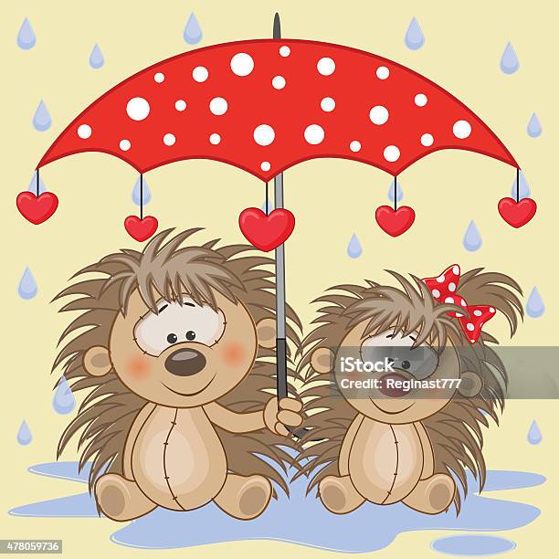 Two Hedgehogs With Umbrella Stock Illustration - Download Image Now - 2015, Adult, Animal