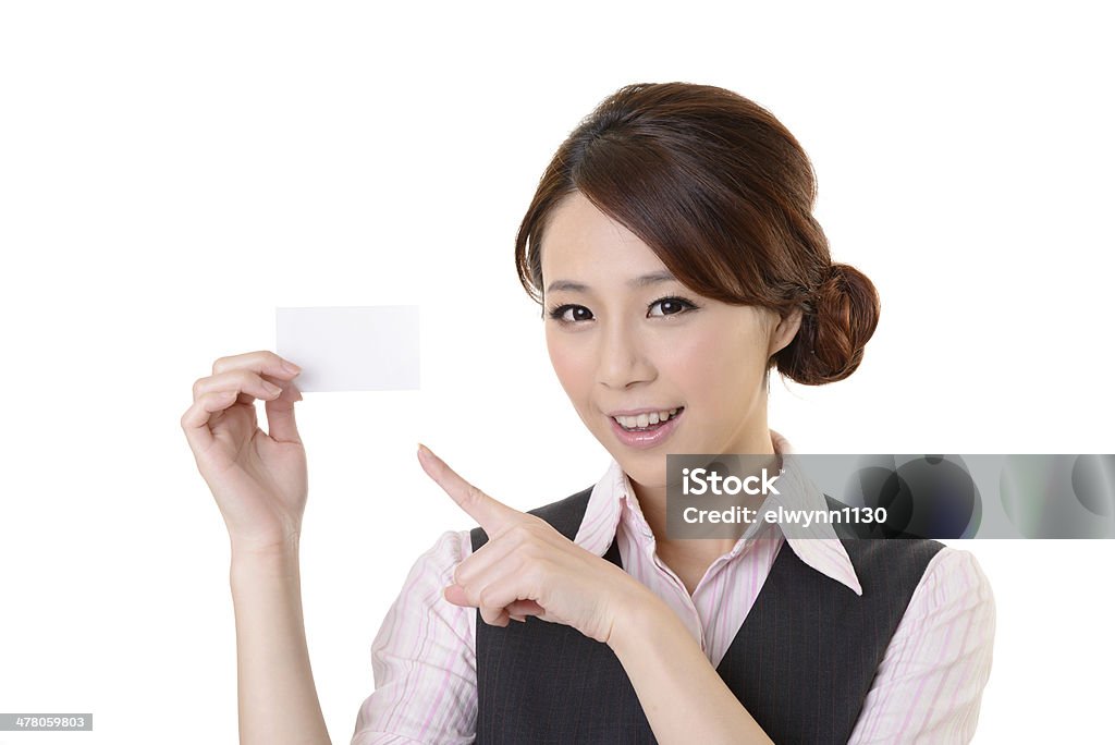 blank business card Cheerful business woman holding blank business card, closeup portrait on white background. 20-29 Years Stock Photo