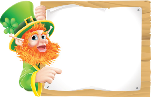 Leprechaun cartoon character pointing at a message pinned to a wooden sign