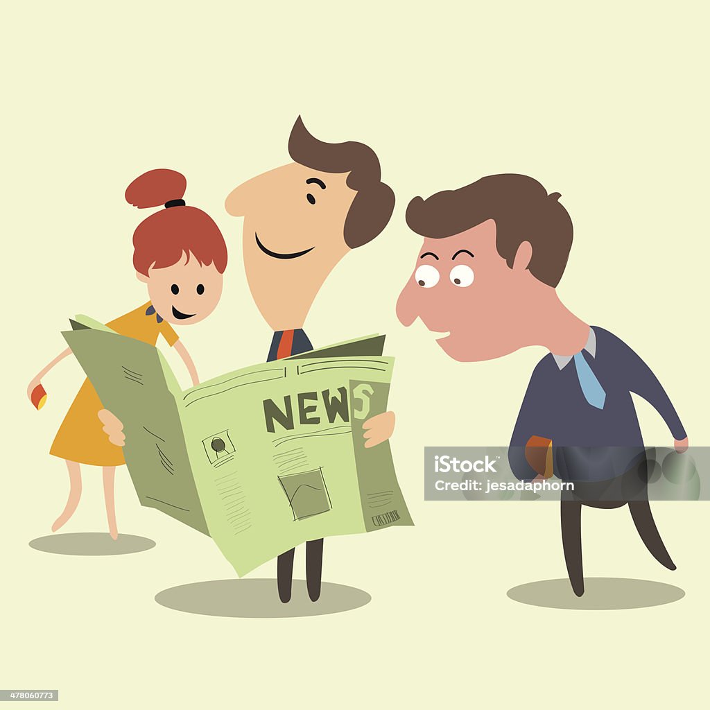 Have a good news! Businessman and woman hovering around newspaper, being happy and surprised with good news. Success concept. Good News stock vector