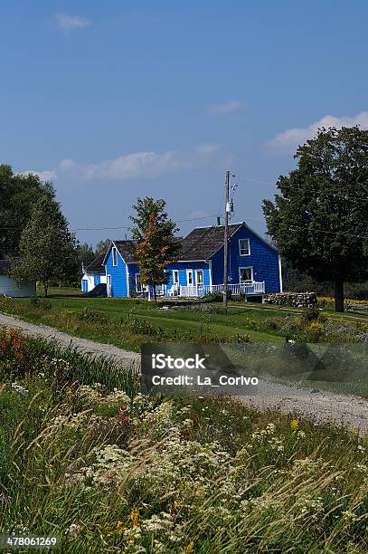 Piccola Casa Blu Con Fiori Di Campo - Fotografie stock e altre immagini di Agricoltura - Agricoltura, Albero, Ambientazione esterna