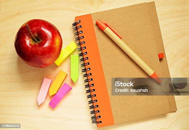Notebook Pen Stickers And Apple Stock Photo - Download Image Now - Apple - Fruit, Art And Craft, Beige