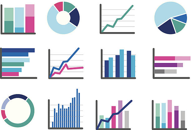 иконы деньги или финансовые данные, графики производительности - analyzing pie chart scrutiny sales occupation stock illustrations