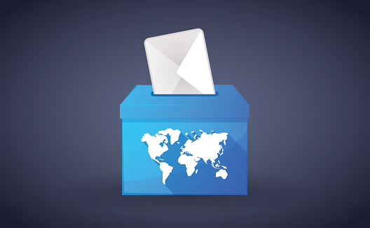 Illustration of a blue ballot box with a world map