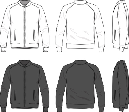 Blank men's bomber jacket with zipper in front, back and side views. Vector illustration. Isolated on white.