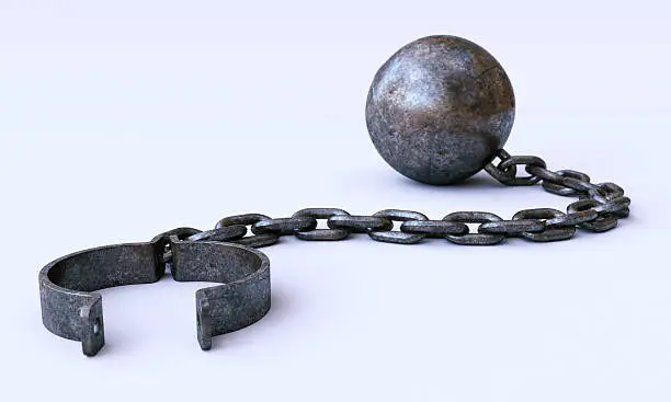 Rusty old chain and ball / shackles with an attached weight, lying open pure white surface. The shackles material is rusty and rugged. The whole scene is isolated on a pure white background.