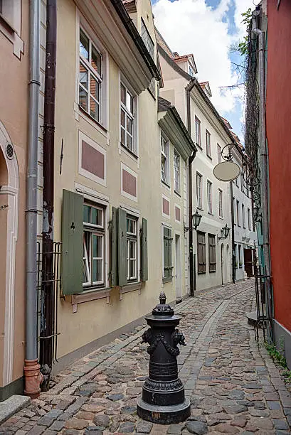 Ancient Cobbled Street and Bollard in Riga Latvia