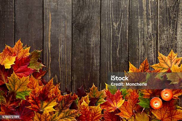 Autumn Background With Maple Leaves On Old Woods Stock Photo - Download Image Now - Autumn, Backgrounds, Brown