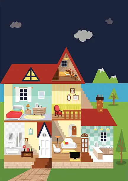 Vector illustration of House cutaway and decoration at night